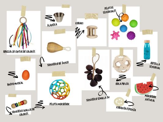 cesto de los tesoros, juguetes bebé, juegos naturales recién nacido