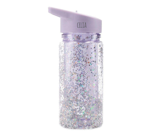 Botella Plástico con Pajita Glitter Stars Lilac -TUTETE