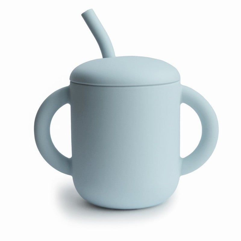 Taza didáctica + pajita de silicona azul- MUSHIE