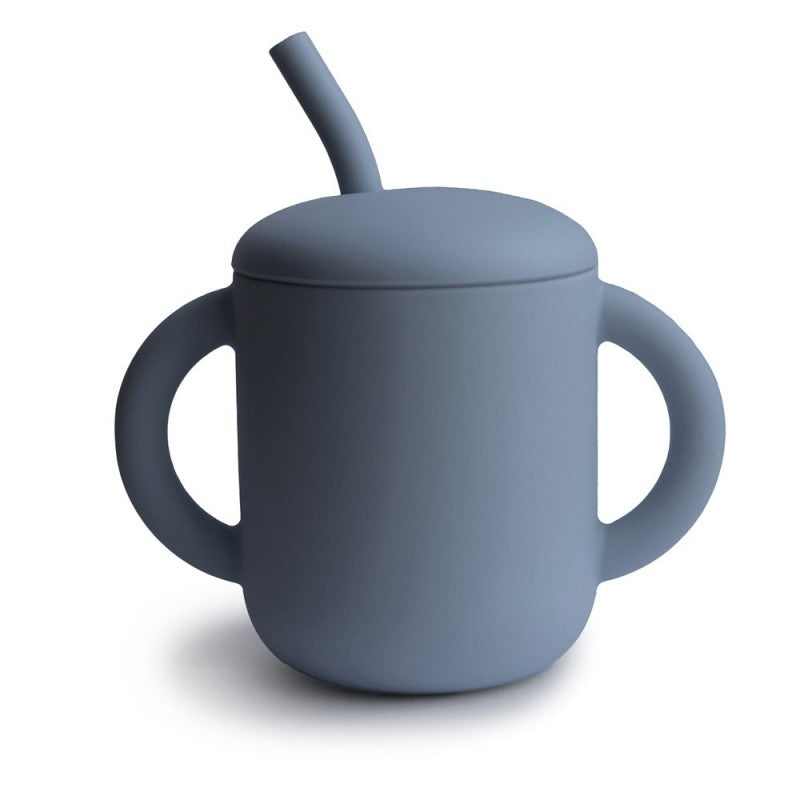 Taza didáctica + pajita de silicona azul oscuro- MUSHIE