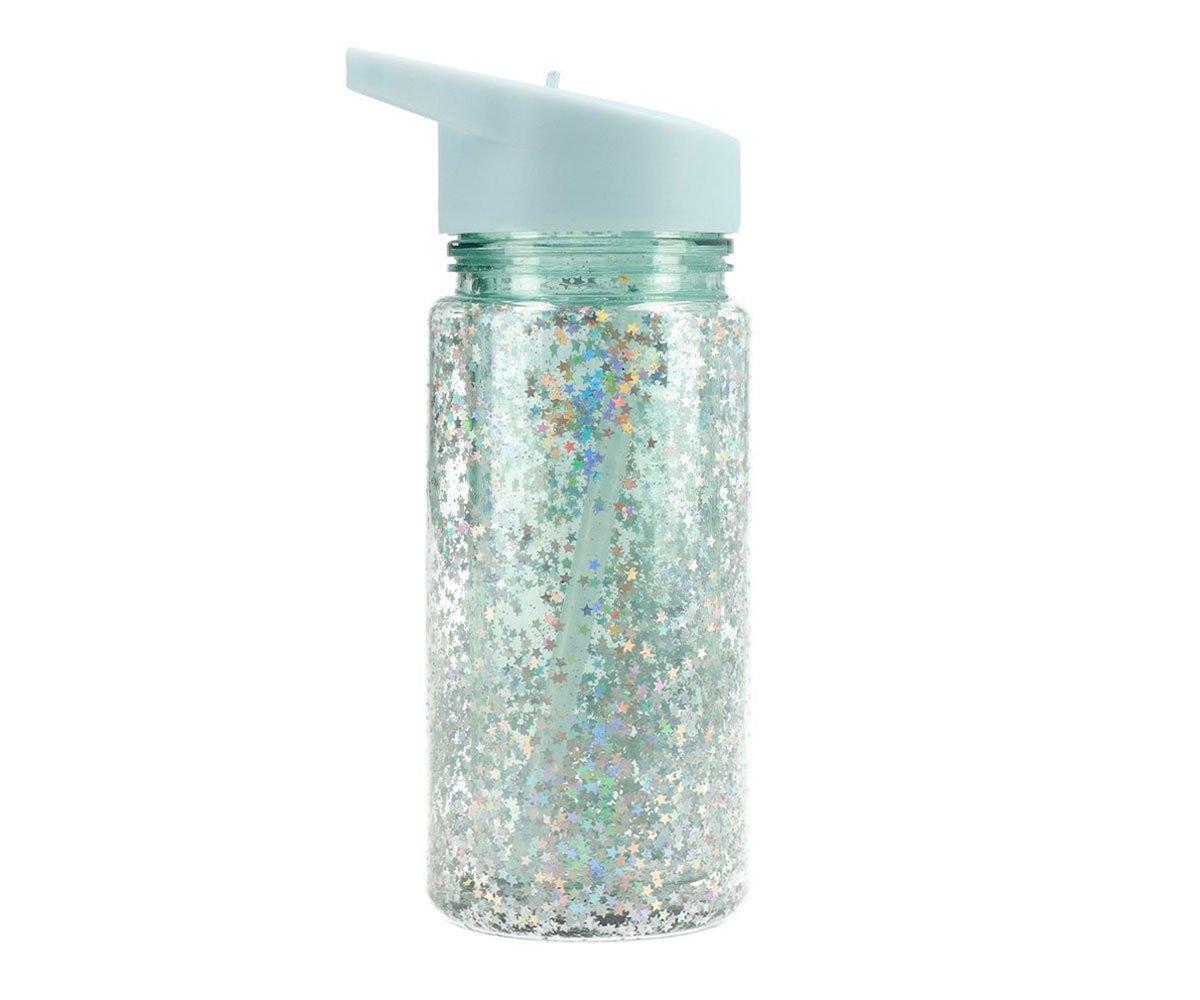 Botella Plástico con Pajita Glitter Stars Turquesa-TUTETE