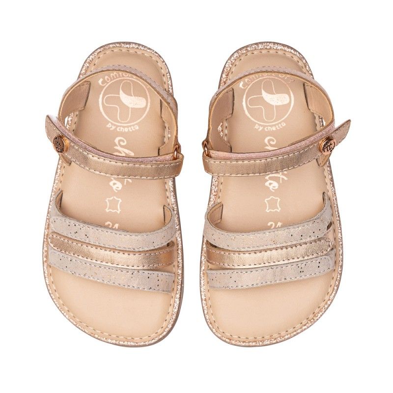 Sandalia Piel Barefoot con velcro Oro Rosado- CHETTO